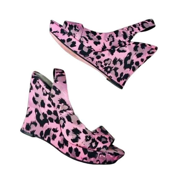 ηεω A+O Pink Leopard Slingback Peep-Toe Wedge Vintage Alice + Olivia Excellent - Picture 8 of 16
